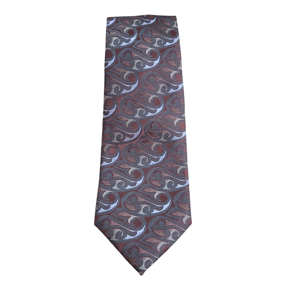 Roberto Villini Couture Mens Silk 7 Fold Necktie Copper Abstract Paisley Scroll